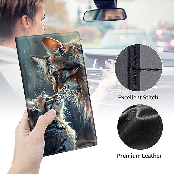 Qindaiwen Car Registration and Insurance Holder, Vehicle Card Document Elastic Band Closure Glove Box Organizer, Driver License Cards, Car Accessories for Essential Info, Two Cats 02