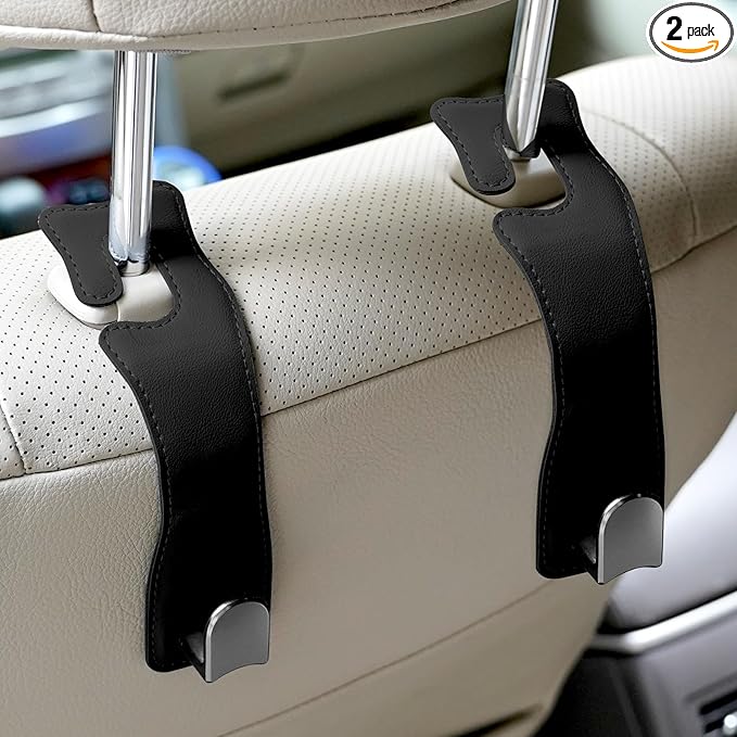 Adorila Headrest Hooks for Car - Leather Hanger with Metal Hooks for Seat Back Storage & Purses (Black, 2-Pack)