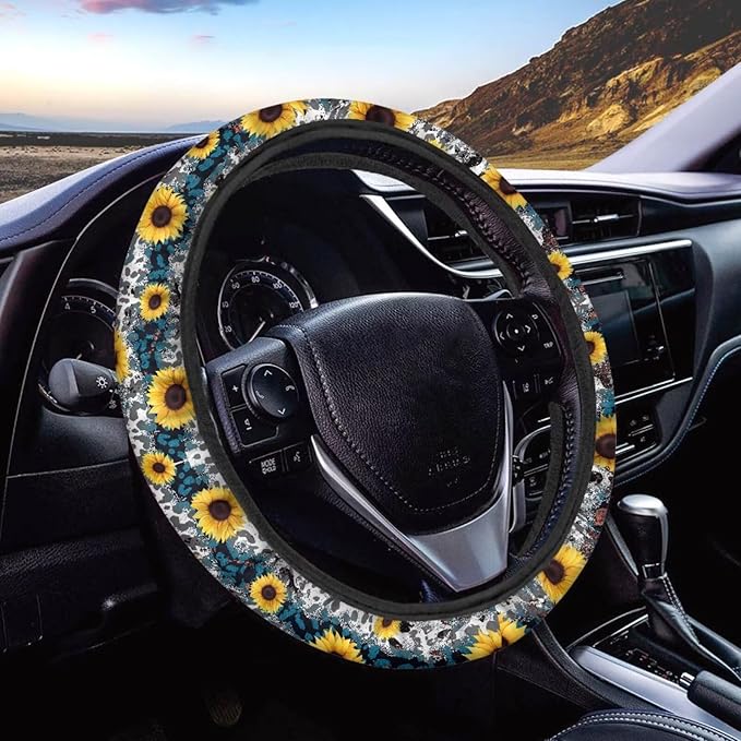 Universal Non-Slip Steering Wheel Cover, 15-inch Polyester Material Driving Accessories, Adjustable for Car and Truck(Indigo Leopard Sunflower)