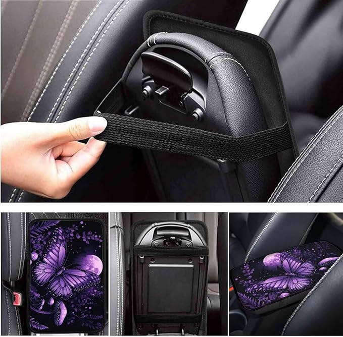 Purple Butterfly Car Steering Wheel Cover Set for Men Women Cute Mushroon Print Cup Coaster Car Armrest Cover Fits Most Cars Trucks Vans and SUV