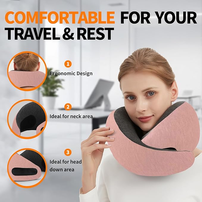 Ziixmile Travel Neck Pillow for Airplane – Memory Foam 360° Support Compact Design Ergonomic Flight Pillow for Sleeping & Neck Support Portable Travel Pillows for Adults, Car, Office Home (Pink)
