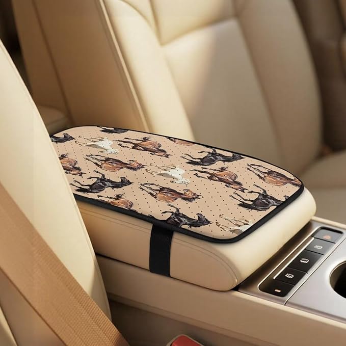 FUSURIRE Horse Pattern Car Seat Cover Set with Center Console Armrest Covers Cushion and Seat Belt Shoulder Straps Pad 5pcs PU Car Accessories for Truck Sedan SUV