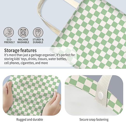 Car Trash Can, Hanging Garbage Bin for Men and Women, Cute Car Organizer and Storage Bag, Canvas Vehicle Trash Can Bag Easy-to-Install Cute Green Checkboard