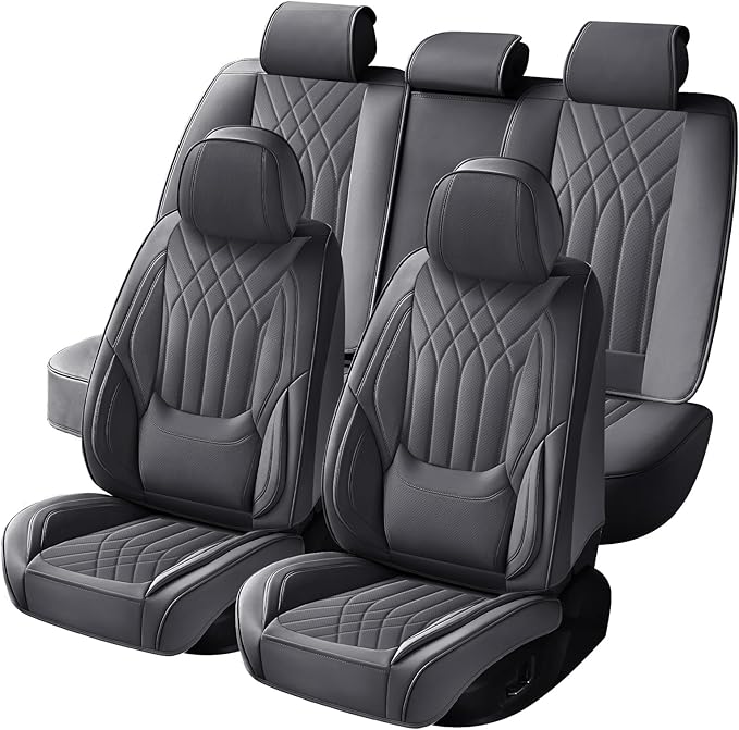 GEZHOUBA Full Coverage Car Seat Covers Full Set Waterproof, Luxury Leather Automotive Seat Covers Car Seat Protector, Front & Rear Seats Cover Sets Universal Fit for Most Vehicles Sedans SUVs, Gray