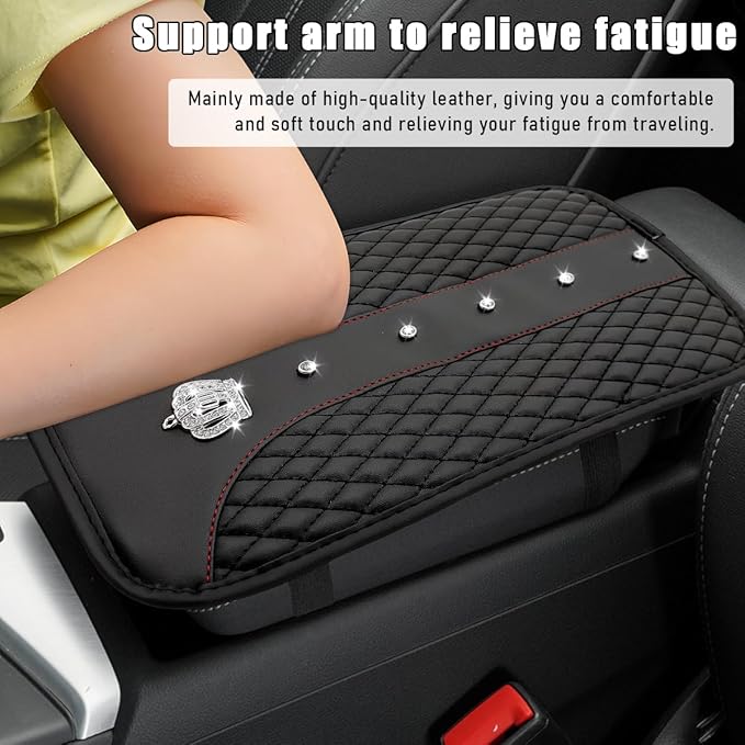 Bling Crown Car Center Console Mats, Anti-Slip and Waterproof Crystal Car Armrest Pad Protector, Universal Rustproof Armrest Decor Cushion for Cars & SUVs, Car Accessories (Black)