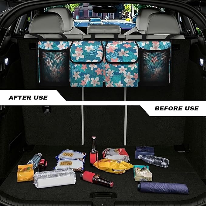 CLOHOMIN Hibiscus Trunk Organizer for Car Palm Leaves Car Backseat Hanging Organizer for SUV Van Cargo Storage Collapsible with 4 Pockets Adjustable Straps