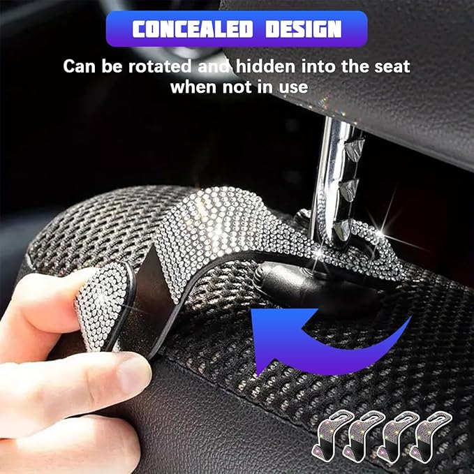 Bling Car Seat Headrest Hooks, 4PCS Crystal Rhinestone Vehicle Back Seat Hanger Holder for Handbags Purses Coats, Automotive Headrest Storage Organizer, Universal for RV SUV Truck (Multicolor)