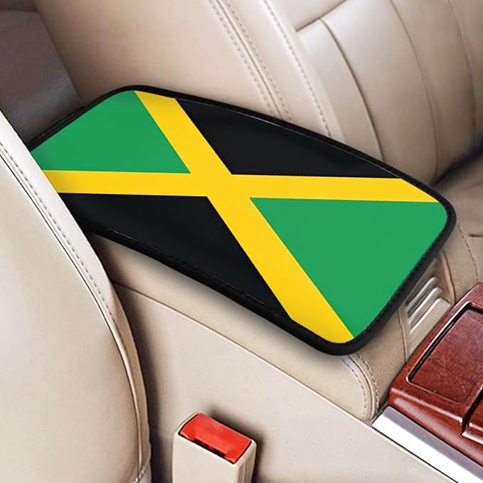 Jamaican Flag Car Center Console Cover, Universal Waterproof Armrest Pad, Soft Comfort Cushion & Scratch-Resistant Protector for Cars, SUVs and Trucks
