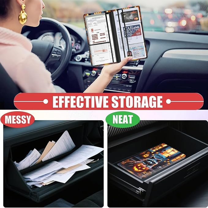 Car Registration Holder, Waterproof PU Leather Vehicle Card Document Glove Box Organizer, Women Interior Auto Accessories Case for Cards, Driver License Car Insurance Holder, A Raccoon and Pumpkin