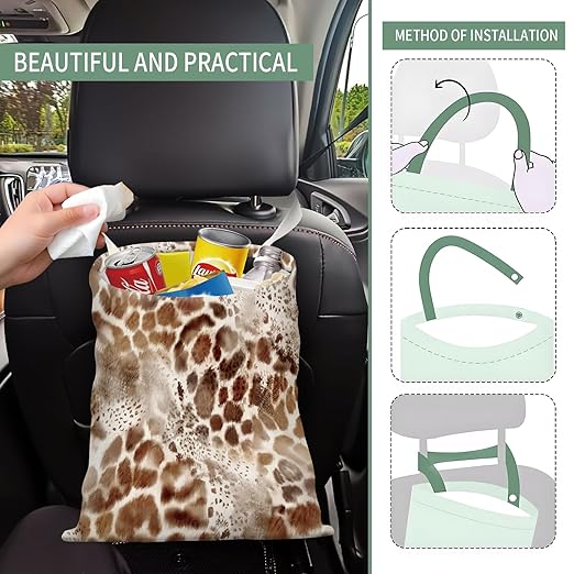 AXZOPDE Cute Car Trash Can, Hanging Canvas Car Back Seat Organizer and Storage Bag, Funny Car Trash Bag For Travelling, Outdoor Cute Brown Leopard Pattern