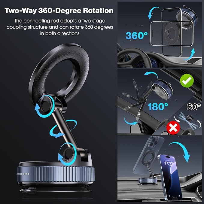 Jikasho Vacuum Magnetic Suction Phone Holder, Foldable and Retractable Hands-Free Suction Cup Phone Mount for Car/Gym/Mirror/Smooth Surface, Compatible with iPhone & Android (Gel Suction Cup Black)