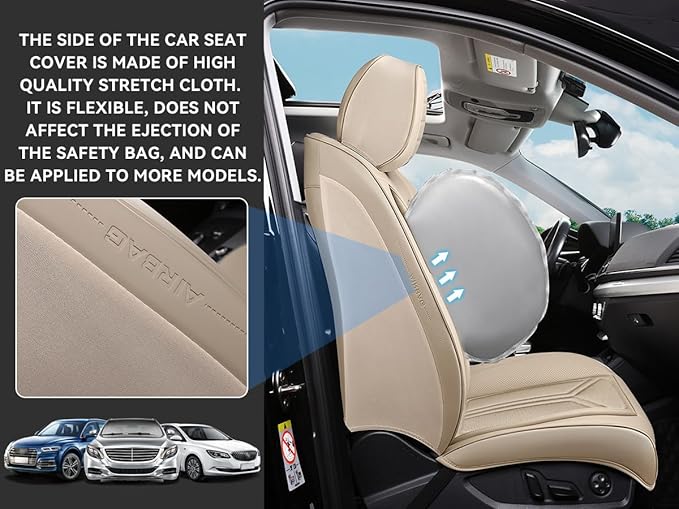 SCDOOCA Car Seat Covers Front Seats, Premium Leather Car Seat Covers, Waterproof and Breathable Seat Covers, Universal Car Seat Protector Fit for Cars, Trucks, SUVs, Pick-ups(Beige, 2 PCS Front Seat)