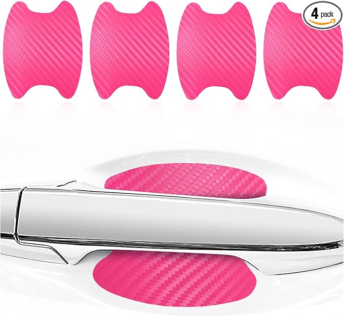 Kewucn 4PCS Car Door Handle Sticker, Carbon Fiber Auto Door Side Handle Protective Films, Anti-Scratch Vehicle Door Cup Protector, Universal Exterior Accessories for Most Cars (Pink)