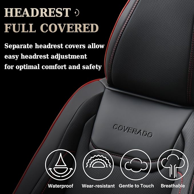 Coverado Car Seat Covers, Front Covers for Cars, Car Seat Cover Front Seats, Car Seat Protector Waterproof, Leather Cushion, Universal Interior Covers Seat Protectors for Most Cars Black-Redline