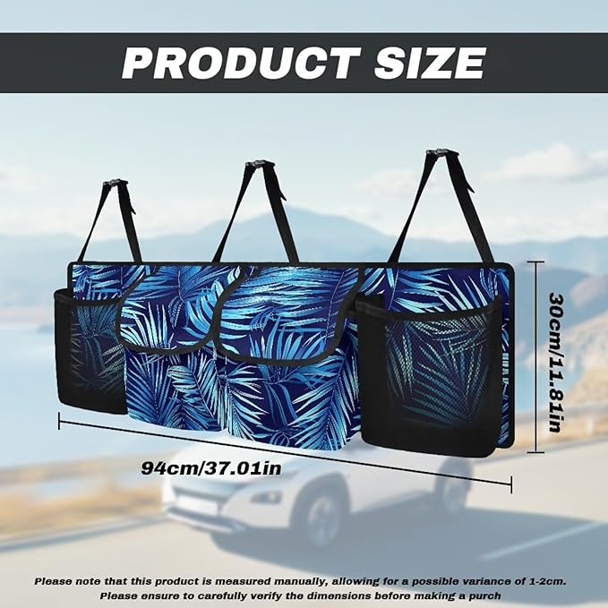 Car Trunk Organizer & Backseat Hanging Organizer with 2 Large Storage Bag & 2 Mesh Pockets,Trunk and Backseat Storage Bag for SUVs & RVs,37.01x11.81 inch,Navy Blue Palm Leaf