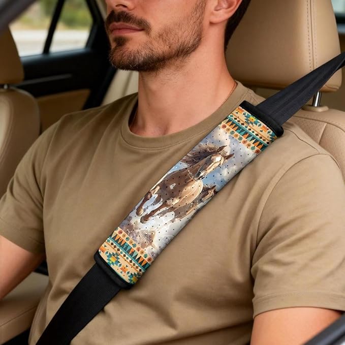 FUSURIRE Car Seat Covers Aztec Horse Print PU Front Seat Covers, Seat Belt Covers & Center Armrest Pad Universal Fit Interior Accessories for Cars Trucks and SUVs