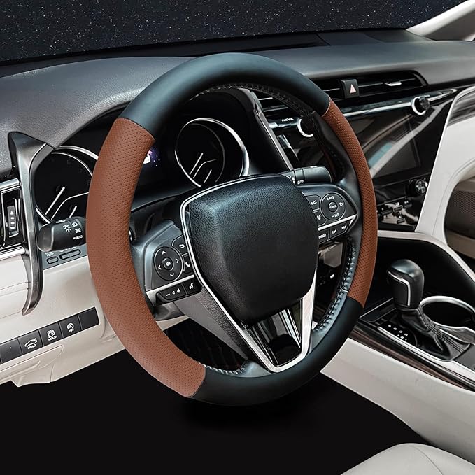 Mihecor Steering Wheel Cover Standard Size 14.5-15 inch, Non-Slip Car Wheel Cover Protector, Breathable Microfiber Leather, Black and Ochre Brown
