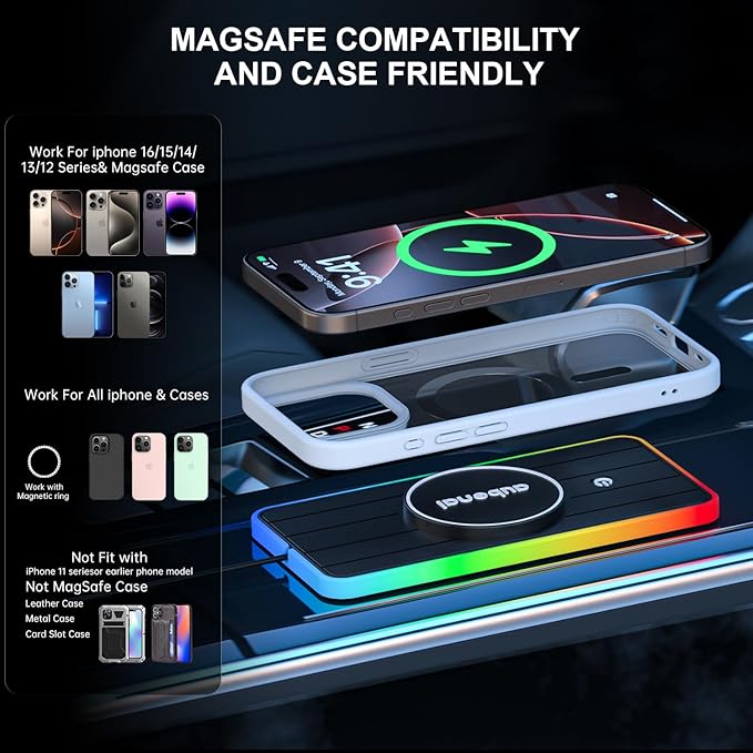Magnetic Wireless Car Charger Pad, Aubenai 15W RGB Fast Wireless Charging Pad Non Slip Charging Mat with 70cm Extension Cable Compatible with Magsafe Charger iPhone 16 15 14 13 12 (Extension USB-A)