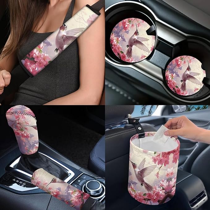 Dngkaoje 13 Pieces Hummingbird Car Seat Covers Full Set for Women Auto Interior Accessories Set for Front Rear,Pink Hummingbird Collapsible Garbage Bin,Armrest Pad Cover,Handbrake Shift Covers