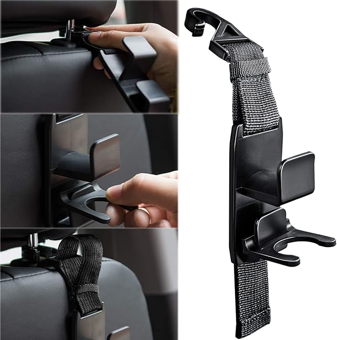 Heroway Adjustable Headrest Hooks for Car, Purse Hanger Headrest Hook Holder for Car Seat Organizer Hook for Purse or Grocery Bags,2 Pack, Black