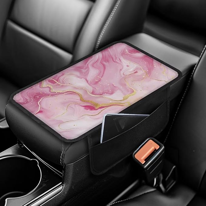 Dreaweet Car Center Console Cover Pink Marble Print Car Armrest Cover Center Console Covers with 2 Storage Pockets,Soft Comfortable Car Arm Rest Cover Pad for Women