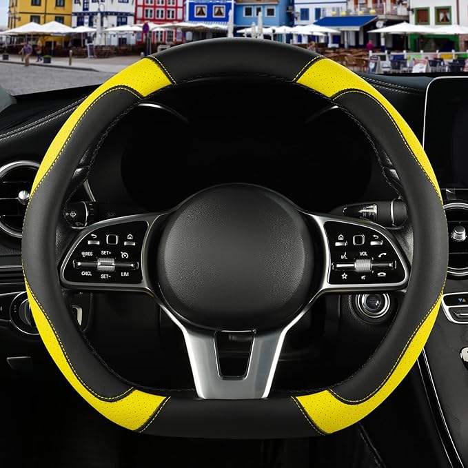 Binsheo Microfiber Leather D Shaped Steering Wheel Cover, Breathable, Anti Slip, 13.5 inch to 14 inch, Black with Yellow