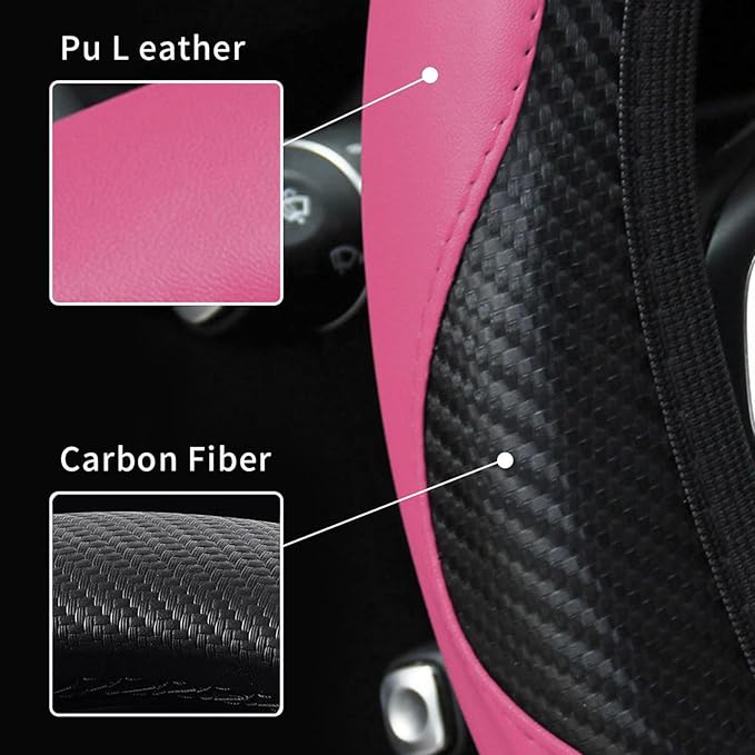 Car Steering Wheel Cover, 15 inch Carbon Fiber Microfiber PU Leather Elastic Steering Wheel Protector for Unisex, Anti-Slip Breathable Car Interior Accessories for Most Cars (Pink)