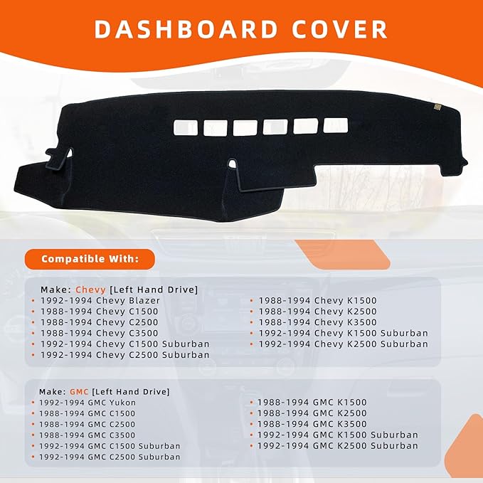 KEYOOG Dashboard Cover Dash Mat Fit for 1994-1988 G-MC/Chevy C1500 K1500 C2500 K3500 Suburban,94-92 Blazer Yukon (for Left Hand Drive),Dash Board Mat Anti-Glare Carpet,Non-Slip Pad (Black)