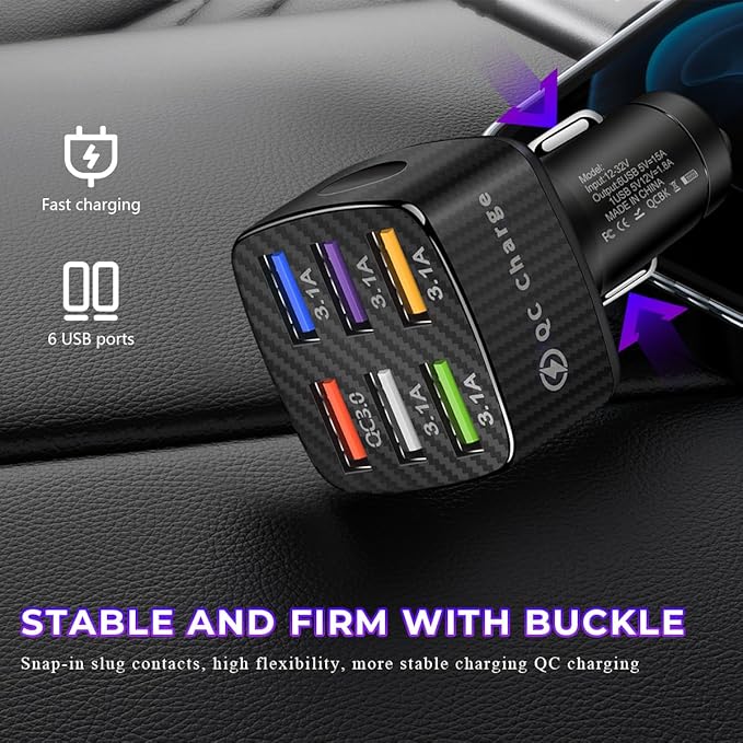 Car Charger Adapter, 6 USB Multi Port Fast Charging Cigarette Lighter Charger Adapter, Car Fast Charger Include QC 3.0 and 5 Other Ports for Most Cell Phones, Car Accessories (Black)
