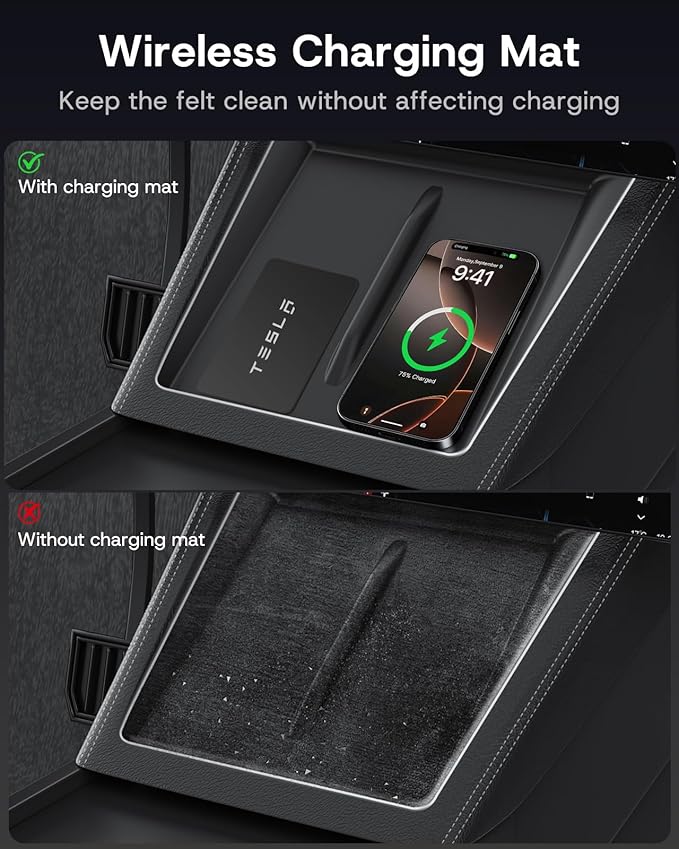 Center Console Organizer Tray for Tesla Model Y Juniper Accessories 2025 2026 [Premium PC + Silent Silicone Liner] Armrest Bottom Liners Wireless Charging Pad Cup Holder for Tesla Model Y Accessories