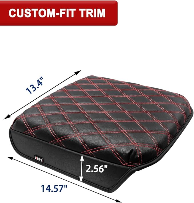 KBH Center Console Armrest Cover for Chevy Silverado & GMC Sierra 2019-2026, Tahoe & Suburban & Yukon 2021-2026 Bucket Seat, Vinyl Leather Trim, Black-Red Double Stitch