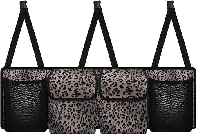 Car Trunk Hanging Organizer, Thick Backseat Storage Bag with 2 Pockets, 2 Mesh Pockets and 3 Adjustable Shoulder Straps, Foldable Interior Accessories Releases Trunk Space,Leopard