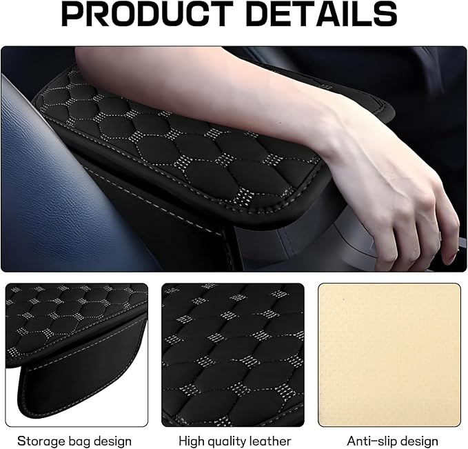 Car Center Console Cover, Leather Auto Armrest Cover Protector, Waterproof Armrest Center Console Pad with 2 Storage Bags, Universal Armrest Seat Box Pad for Vehicle SUV Truck (Black)