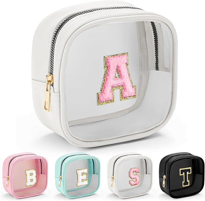 YOOLIFE Small Makeup Bag, Clear Makeup Bag Preppy Cosmetic Bags Travel Essentials Gifts for Women Teen Girlfriend Teacher Birthday Gifts 12 13 14 15 16 Years Old Girl Gifts Trendy Stuff White Mini A