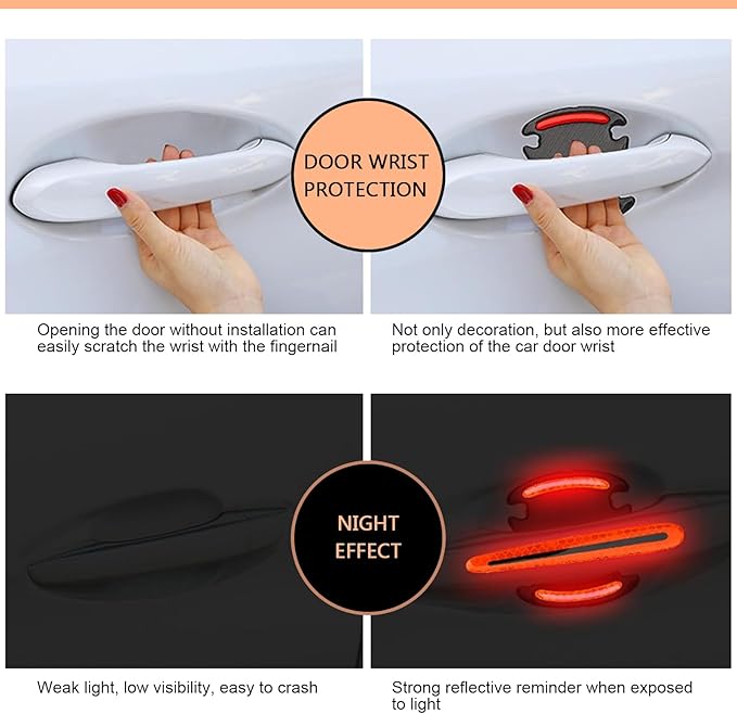 8 PCS Car Door Handle Scratch Protector, 3D Carbon Fiber Car Door Handle Protector, Self-Adhesive Reflective Sticker, Safety Warning, Cars Paint Protection Film (Red)