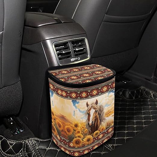 DISNIMO Western Horse Car Trash Can Bin with Lid Sunflower Car Garbage Can Leakproof Mini Car Accessories Trash Bin Car Dustbin Organizer Container for Car Office Home
