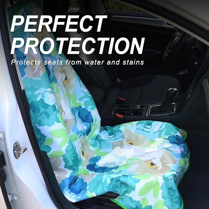 nbnhxnff Sweat Towel Car Seat Cover Protector Front Seats for Gym Workout, Running, Swimming, Beach and Hiking, Waterproof Universal Seat Cover for Car, Trucks,Van&SUV(Cyan Flower, 1pcs Front Seat)