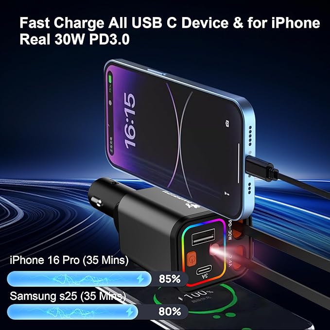 OneFish Starlight Fast Car Charger, 4 in 1 Cigarette Lighter Chargers with USB Type C Ports Retractable Cord Display, for iPhone 17 16 15 14 Pro Max Plus/iPad, Car Truck Essentials Gift for Women Men