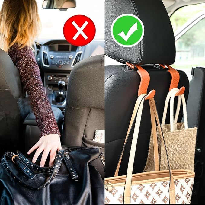 Hanemia 4PCS Car Seat Headrest Hooks, Auto Back Seat Hanger Holder, Durable Stylish Vehicle Organizer Universal Car Interior Accessories, Storage Hooks for Purses, Bags, Clothes (Carbon Fiber/Orange)
