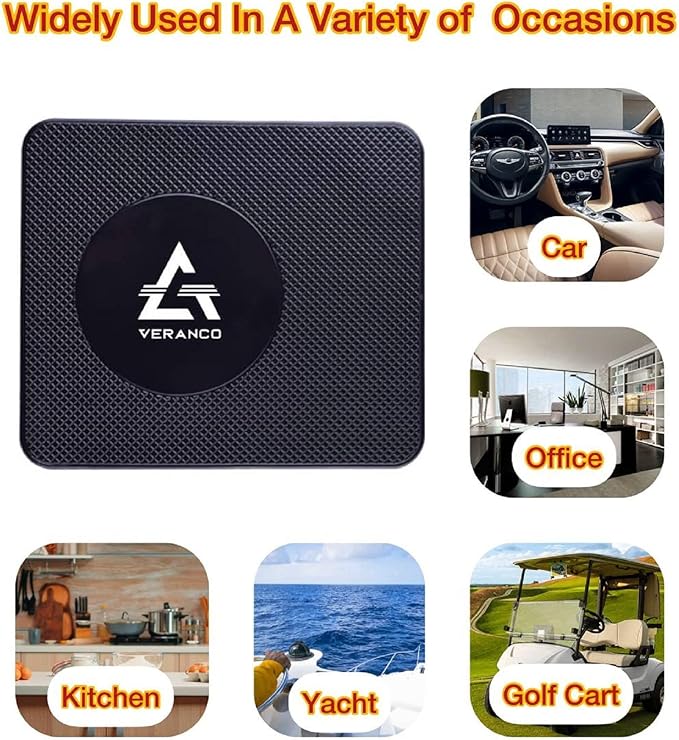 A VERANCO Car Dashboard Mat, 5.5x6.3 inches, PU Gel Material, Black, Universal Fit, Multifunction Anti-Slip Mat for Phone Holder, Radar Detector, Keys, Sunglasses etc