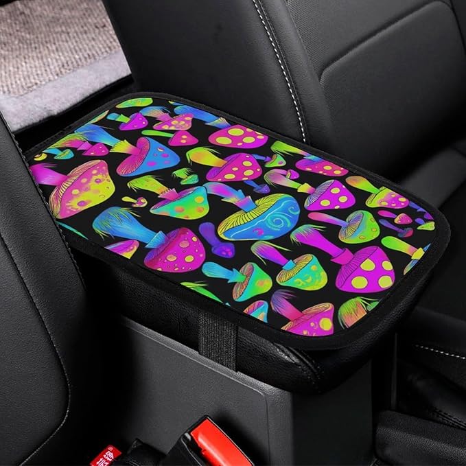 Car Center Console Cover, Neon Mushrooms Pattern Purple Auto Armrest Cushion Pad, Auto Arm Rest Seat Box Cover Universal Fit Vehicles Trucks Decor