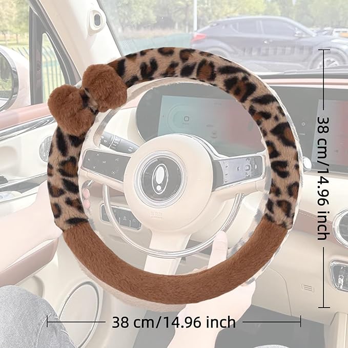Car Steering Wheel Cover with Leopard Print & Cute Bowknot Soft Anti-Slip Y2K Retro Luxury Fluffy Fur Car Interior Accessory (Cheetah)
