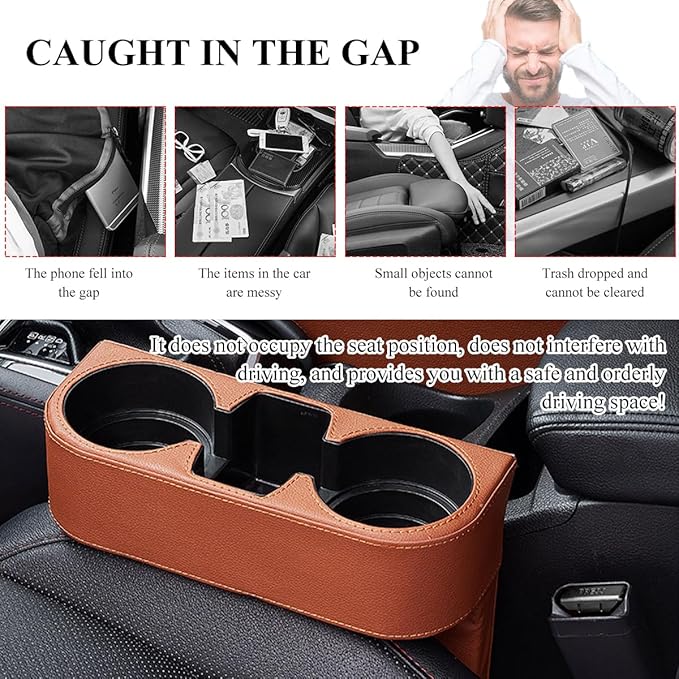 Car Cup Holder Gap Filler Organizer, Multifunctional Auto Front Console Gap Filler with Cup Holder, Leather Extra Cup Holder Storage Box for Car Truck SUV, Car Accessories (Brown)