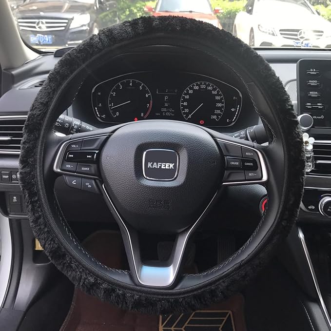 KAFEEK Elastic Long Microfiber Plush Steering Wheel Cover for Winter Warm, Universal 15 inch, Anti-Slip, Odorless, Black