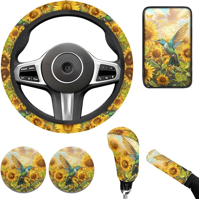 Hummingbird Print Steering Wheel Cover Car Accessories for Women Yellow Sunflower Car Interior Decor Cup Coaster Cars Armrest Cover Suit for Most SUV Vans Trucks