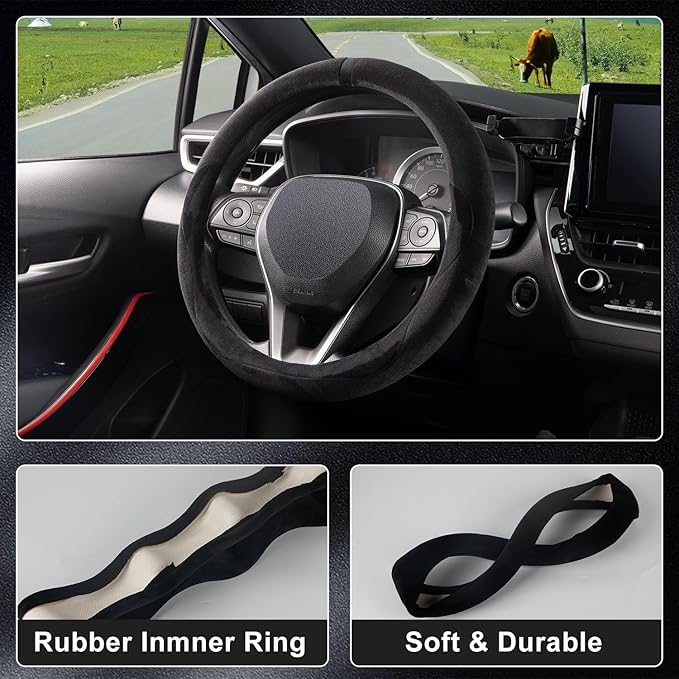 COFIT Plush Steering Wheel Cover Winter, Soft Warm Furry Grip Protector for Cars SUVs Trucks, Fits 14.5-15 Inch, Non-Slip Interior Accessory, Black