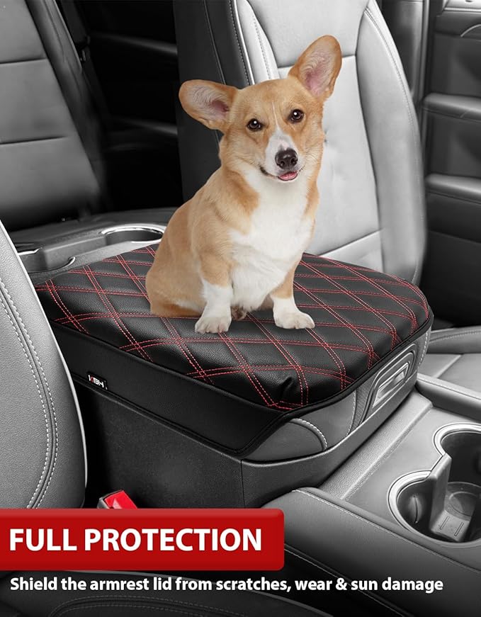 KBH Center Console Armrest Cover for Chevy Silverado & GMC Sierra 2019-2026, Tahoe & Suburban & Yukon 2021-2026 Bucket Seat, Vinyl Leather Trim, Black-Red Double Stitch