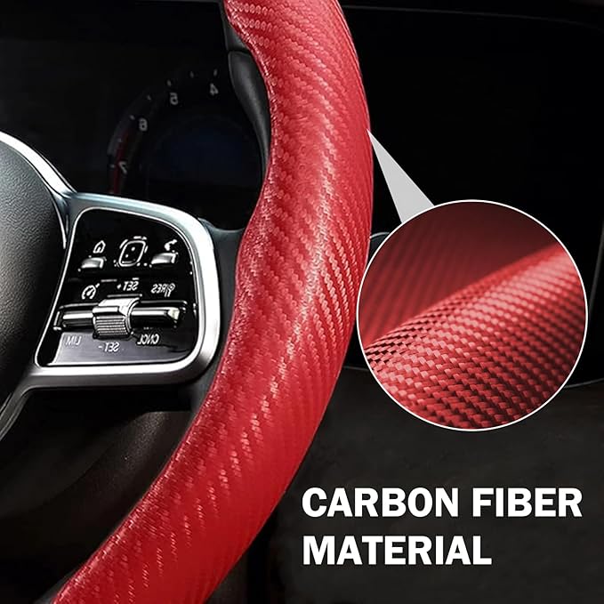 Carbon Fiber Steering Wheel Cover Anti-Slip Wrap Snap on Car Steering Wheel Accessories Grip 15 inch Universal 3pc Matte Red