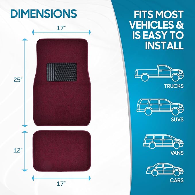 BDK MT-100-BD Burgundy Red Carpeted 4 Piece Car SUV Floor Mats With Vinyl Heel Pad Car Vehicle Universal Fit