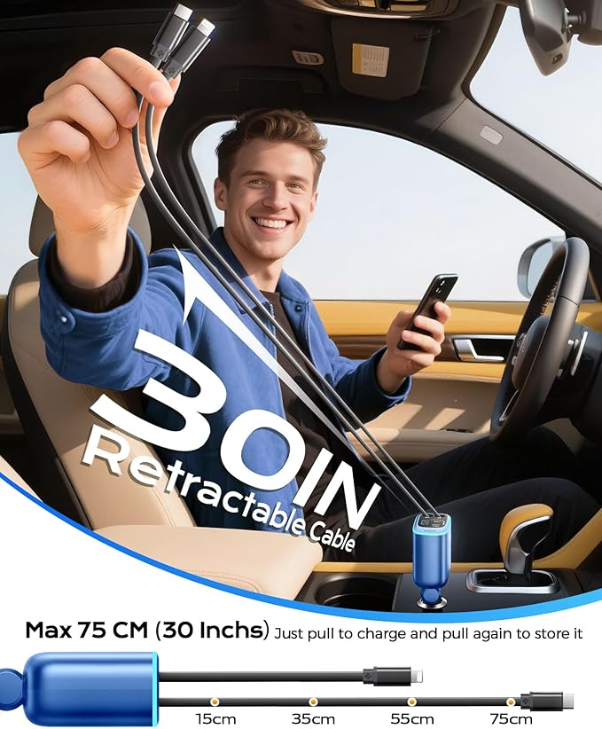 Car Charger, iPhone Fast USB C Phone Car Charger, Cigarette Lighter Adapter with 2 Cables 30 Inch and 2 USB Ports, Retractable 4 in 1Multi Port USB Car Charging for iPhone 17/16/15/14/13/Pro Max-Blue